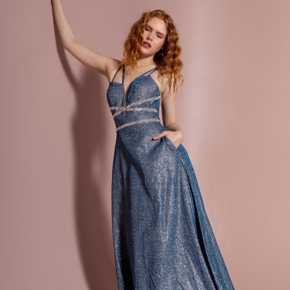 NEW LONG OFF SHOULDER SLEEVELESS A-LINE GLITTER DRESS WITH SIDE POCKETS GL2506